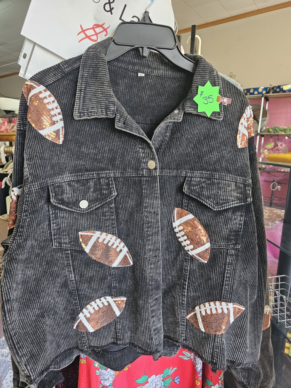 Black Corduroy Jean Jacket with Sequin Football Appliqués